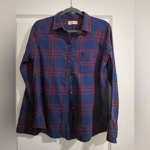 Hollister Navy and Burgundy Plaid Button Down Shirt